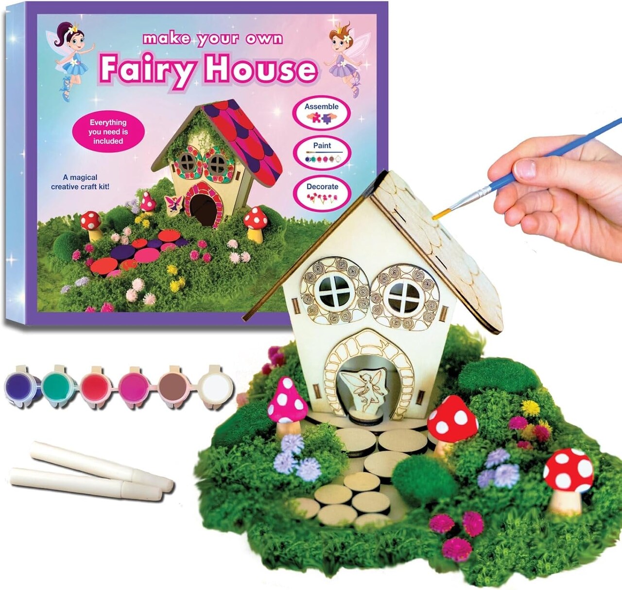 Wooden Fairy House Craft Kit for Kids DIY Fairy Garden with Paints & Decorations